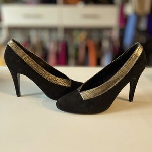 Black suede heals with gold trim. Size 8